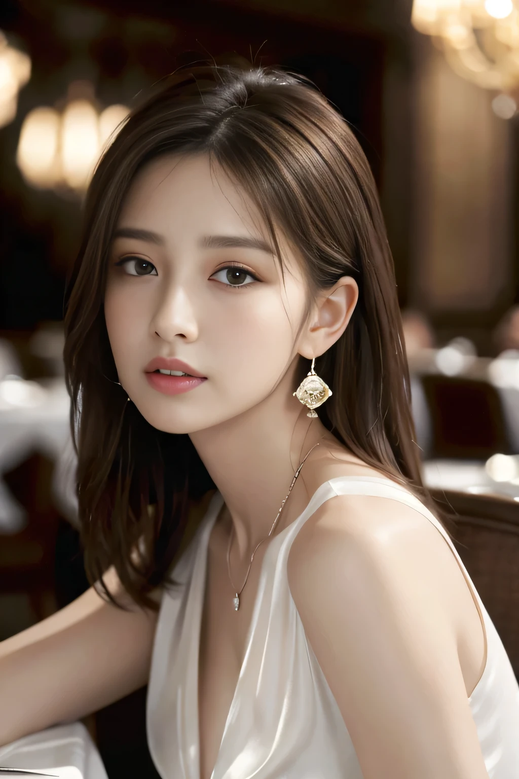 masterpiece, Highest quality, Realistic, Very detailed, Finer details, High resolution, 8k wallpaper, One beautiful woman, Wear an elegant white silk shirt, In a great restaurant, At night, Light brown messy hair, Perfect dynamic composition, Beautiful and beautiful eyes、Big earrings、Sit on a chair、Sleeveless shirt、