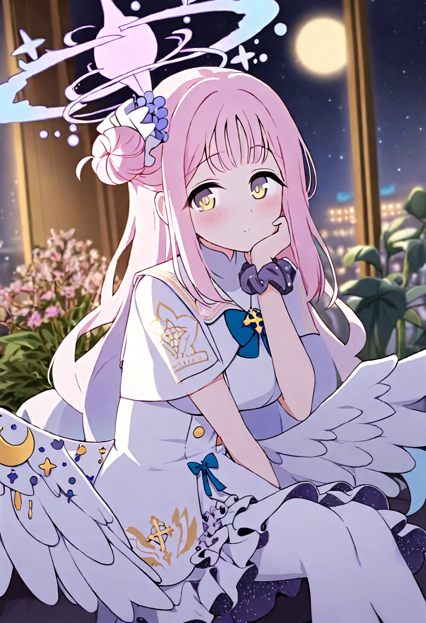 1girl, mika \(blue archive\), solo, scrunchie, wings, pink hair, wrist scrunchie, looking at viewer, flower, dress, hair ornament, long hair, head rest, yellow eyes, white dress, night, sleeveless, white pantyhose, hair bun, sleeveless dress, single side bun, hair flower, sitting, window, white wings, halo, blush, bangs, crescent, low wings, frilled dress, potted plant, indoors, angel wings, star \(sky\), sky, frills, night sky, pantyhose, blurry background, very aesthetic, absurdres