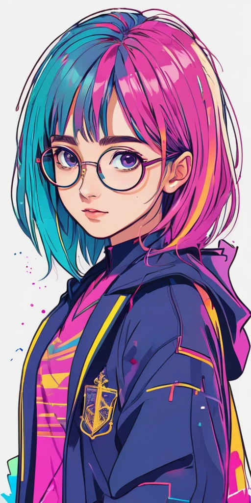 harry potter, anime, an girl, kawaii, cyberpunk, colorful, ink paint line art, vector art, thick lines, glitch art, flat colors, key visual, vibrant, technical drawing, line art, minimalist, masterpiece,