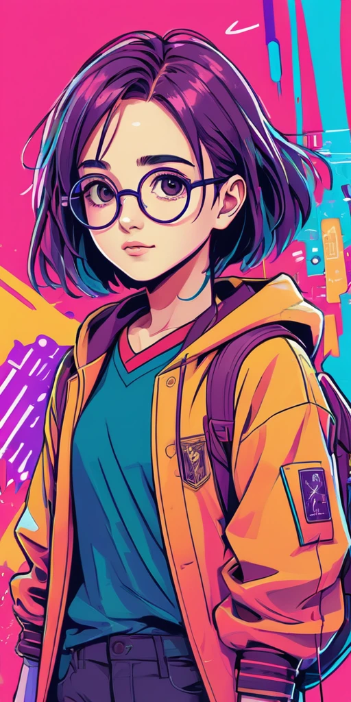 harry potter, anime, an girl, kawaii, cyberpunk, colorful, ink paint line art, vector art, thick lines, glitch art, flat colors, key visual, vibrant, technical drawing, line art, minimalist, masterpiece,