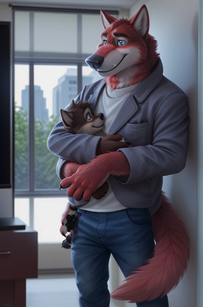Ivan Fedorovich Wolfbach (Novosibirsk) ,tall handsome, wolf,young, 24 years, brown fur,Kind,(red body:1.3),beautiful blue eyes,Novosibirsk,dressed, Home,mother, jeans,socks,canine, wolf, detailed fur, male, antro, paw pads, finger claws,at viewer, 5 fingers, paws, 5 fingers, smile, wrist watch, т nextel,by xenoforge, (difficult, high detail, digital photography, soft focus, RAW species дома, apartment,television,wall,teleizor,very close to the camera, species,Novosibirsk, smile, a good mood, positive, Very close to the camera, 
Photorealism, realistic, photorealistic, digital style, Subsurface scattering,Looking at the viewer,hugs the she-wolf, 
masterpiece, Best quality, ultra realistic, 8 k)