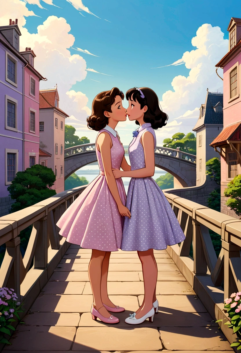 Name "The Loyal Pin (Sarocha Chankimha & Rebecca Armstrong)" in an elegant and dynamic font written in 3D a A captivating and tender anime-style illustration of two women, in love, standing on a beautiful bridge facing each other. The first woman is a beautiful young woman with British (Anin) features, semi-long light brown hair held on one side by a delicate buckle and is dressed in a 50's style sleeveless dress in light lilac with small white polka dots and low-heeled shoes. About to kiss the second woman is a beautiful young woman with Asian (Pin) features, dark brown hair, and she is dressed in a 50's style sleeveless dress, pastel pink, and is wearing low-top shoes. she seems surprised and shy about the kiss they are about to give her.