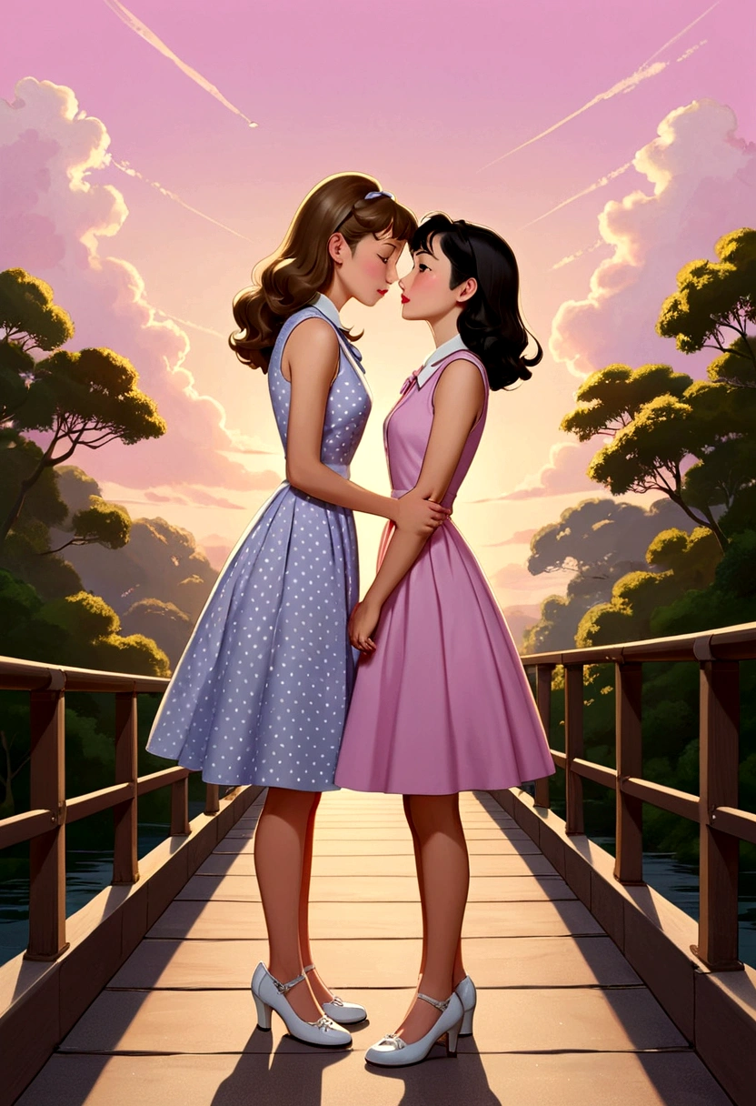 Name "The Loyal Pin (Sarocha Chankimha & Rebecca Armstrong)" in an elegant and dynamic font written in 3D a A captivating and tender anime-style illustration of two women, in love, standing on a beautiful bridge facing each other. The first woman is a beautiful young woman with British (Anin) features, semi-long light brown hair held on one side by a delicate buckle and is dressed in a 50's style sleeveless dress in light lilac with small white polka dots and low-heeled shoes. About to kiss the second woman is a beautiful young woman with Asian (Pin) features, dark brown hair, and she is dressed in a 50's style sleeveless dress, pastel pink, and is wearing low-top shoes. she seems surprised and shy about the kiss they are about to give her.