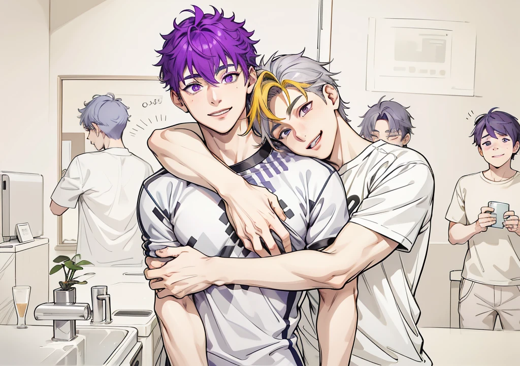 There are two 16-year-old male boys with purple hair and gray hair., purple eyes and gray eyes hug him they smile lovingly his brothers are behind smiling