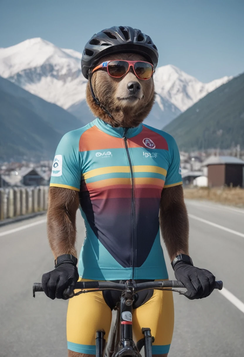 A small bear standing upright, dressed in colorful cycling attire including a (cycling jersey:1.2) and (cycling shorts:1.2), wearing a sleek (cycling helmet:1.3) and (cycling sunglasses:1.2). The bear gazes towards the horizon with a determined expression, with a stylish (bicycle:1.2) resting beside it. In the background, majestic snow-capped mountains rise, creating a picturesque setting for the scene.
