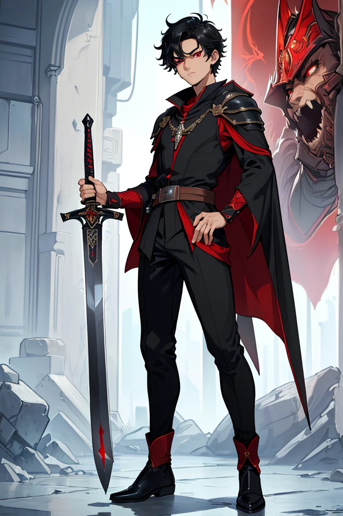 (masterpiece, best quality, high resolution, ((full body, standing,)),1(masterpiece, best quality, high resolution, ((full body, standing,))1 young man, very short messy black hair, red eyes, serious expression, black fantasy adventurer clothes, holding a powerful fantasy sword,