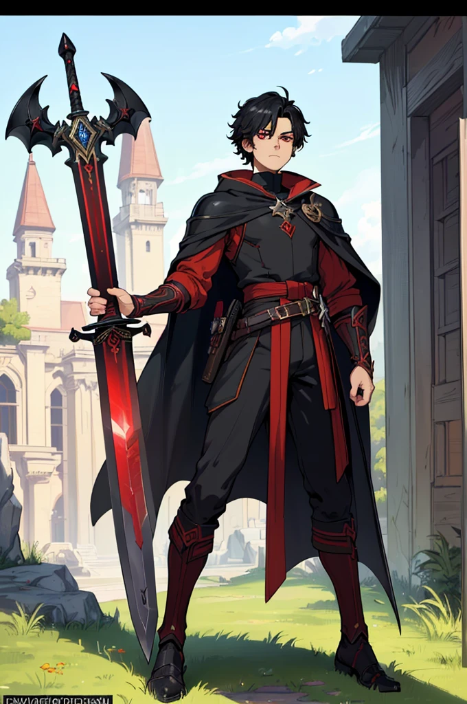 (masterpiece, best quality, high resolution, ((full body, standing,)),1(masterpiece, best quality, high resolution, ((full body, standing,))1 young man, very short messy black hair, red eyes, serious expression, black fantasy adventurer clothes, holding a powerful fantasy sword,
