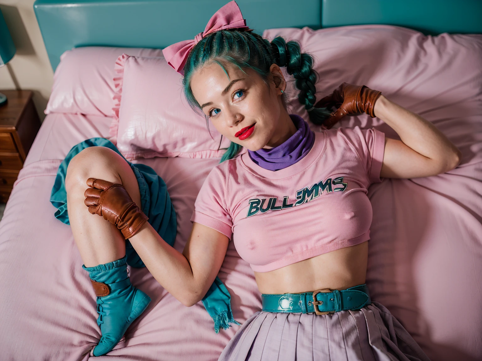 (masterpiece, best quality), 1girl, solo, (j4nu4ryj0n3s lying on back), (blmpony), (epiCRealLife), (underboobs), (half breasts), ((bulma_v1), (red lipstick), (aqua hair), (blue eyes), (young woman), (European model), (pink bulma_v1 shirt), (pink skirt), (pink pleated skirt), (pink hair ribbon), (aqua braided ponytail), (belt), (blue waist bag), (purple scarf), (bulma_v1 clothes writing) , (wrist gloves), ( brown leather gloves), (medium breasts), (bulma_v1 pink skirt),(light smile), (lying on the bed), (close up), (planters), (in a bedroom), (flash photography)