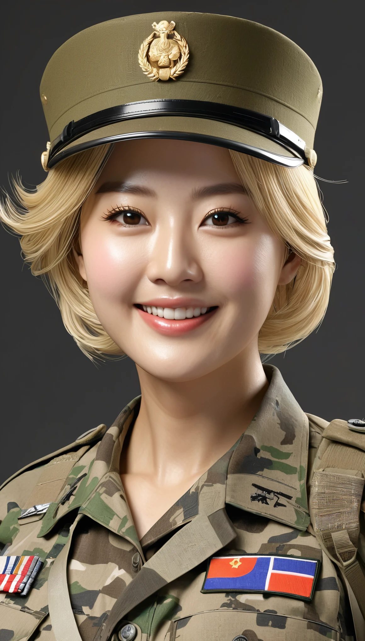(((Hyper Real)))、(((超未来的な陸軍Female Soldier)))、きれいなFemale Soldier　High resolution　Realistic　(((Blonde Mature)))、(((Big big boobs)))、Fine skin、超High resolution、Realistic、Plump figure、smile、Beautiful middle-aged woman、Beautiful female army soldier 、Beautiful brown eyes、Fluffy long hair、非常に繊細でFine skin、３５Former Army soldier woman、(I'Huge, A very futuristic command center.)、Female Soldier、Big big cleavage、Bright red lips、(Wearing a combat suit)、