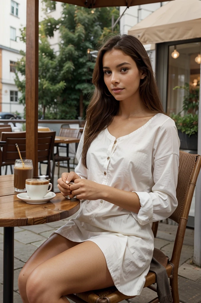 we capture the exquisite beauty of a woman (175cm) with a captivating mix of Scandinavian and South American heritage. the woman sitting at a table with a cup of coffee, loking outside, a sketch by Niko Henrichon, tumblr, realism, drinking coffee, infp young woman, woman drinking coffee, cute woman, gorgeous lady, morning coffee, sitting in a cafe, enjoying coffee at a coffee shop, perfect anatomy, very feminine, perfect hands, her hands are not mutated