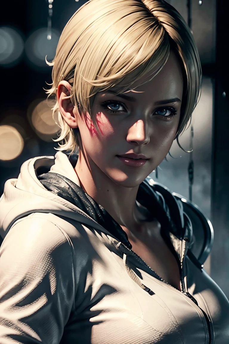 Resident Evil 6,Shelley,Short Hair,Blonde Hair,White hoodie,Cold protection,neck warmer,Photorealistic,Ultra HD,high quality,masterpiece,Digital SLR,Detailed details,Intricate details,Anatomical basis,Depicted in detail,A detailed face,Realistic skin texture,Vivid details,Perfect Anatomy,Perfect Anatomy,Anatomically correct hand,Anatomically correct fingers,Super Detail,Complex 3D rendering,Sexy pose,Rainy Sky,Beautiful scenery,Fantastic rainy sky,Picturesque,Pink Lips,smile,