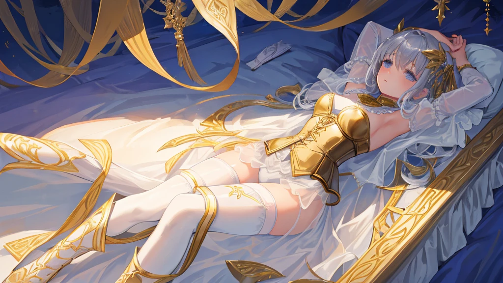 8 year old medieval girl, 1people、In underwear、Gold and silver thread embroidery、She is wearing translucent bloomers that reach below her knees.、Wearing a semi-transparent corset、Translucent slip, Grey translucent tights、sleep