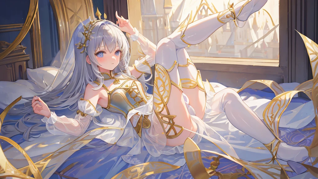 8 year old medieval girl, １people、In 、Gold and silver thread embroidery、She is wearing translucent bloomers that reach below her knees.、Wearing a semi- corset、Translucent slip, Grey translucent tights、sleep