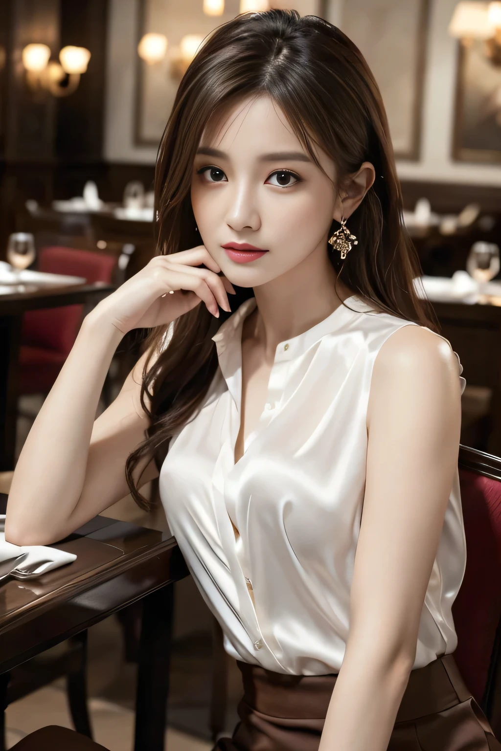 masterpiece, Highest quality, Realistic, Very detailed, Finer details, High resolution, 8k wallpaper, One beautiful woman, Wear an elegant white silk shirt, In a great restaurant, At night, Light brown messy hair, Perfect dynamic composition, Beautiful and beautiful eyes、Big earrings、Sit on a chair、Sleeveless shirt、