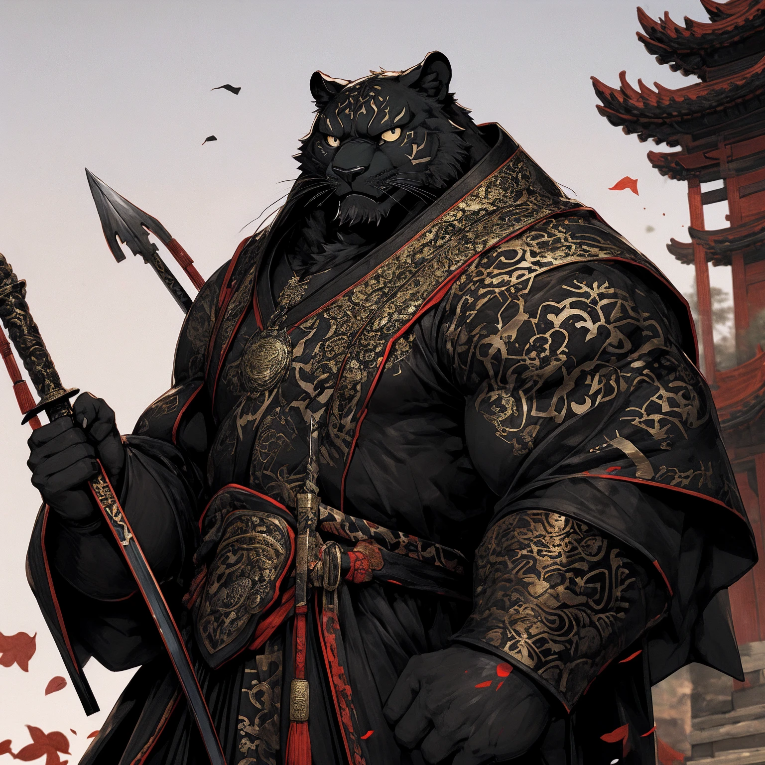 (Black Panther),(Black combat robe),Holding a spear,Powerful gesture,Stand confidently and proudly,Chinese style general holding a sword looking into the distance Longcheng middle-aged serious face beard,Strong,muscle,(high resolution:1.3)