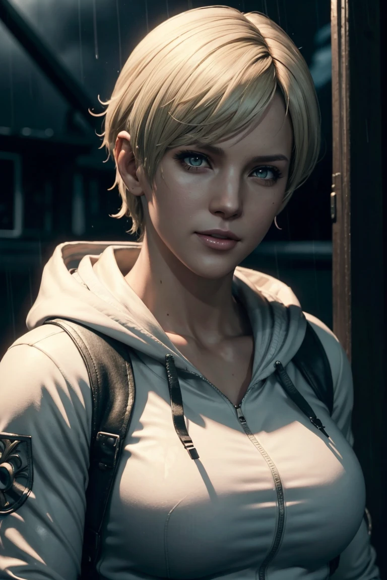 Resident Evil 6,Shelley,Short Hair,Blonde Hair,White hoodie,Cold protection,neck warmer,Photorealistic,Ultra HD,high quality,masterpiece,Digital SLR,Detailed details,Intricate details,Anatomical basis,Depicted in detail,A detailed face,Realistic skin texture,Vivid details,Perfect Anatomy,Perfect Anatomy,Anatomically correct hand,Anatomically correct fingers,Super Detail,Complex 3D rendering,Sexy pose,Rainy Sky,Beautiful scenery,Fantastic rainy sky,Picturesque,Pink Lips,smile,