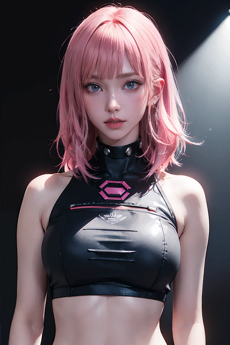 Highest quality, Ultra-high resolution, Realistic, Cyberpunk sexy pink hair girl、Take photos in a studio environment with a gray background, View your audience, Upper Body, thin, Visible Cracks, Crop top,Big Breasts