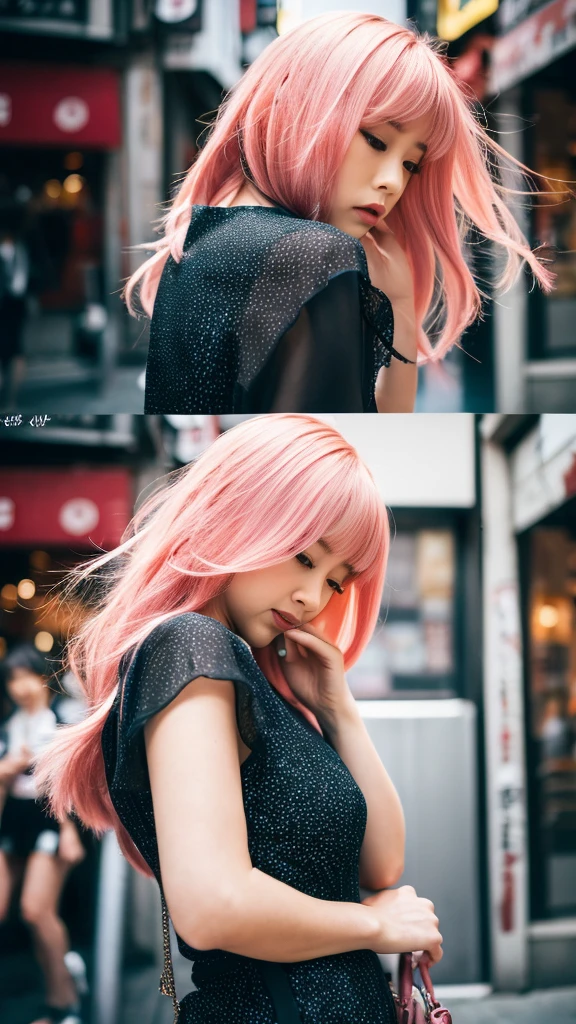 (embarrassed,blush :1.3),Tokyo, Kabukicho, Long hair blowing in the wind, Pink Hair, High resolution, dress