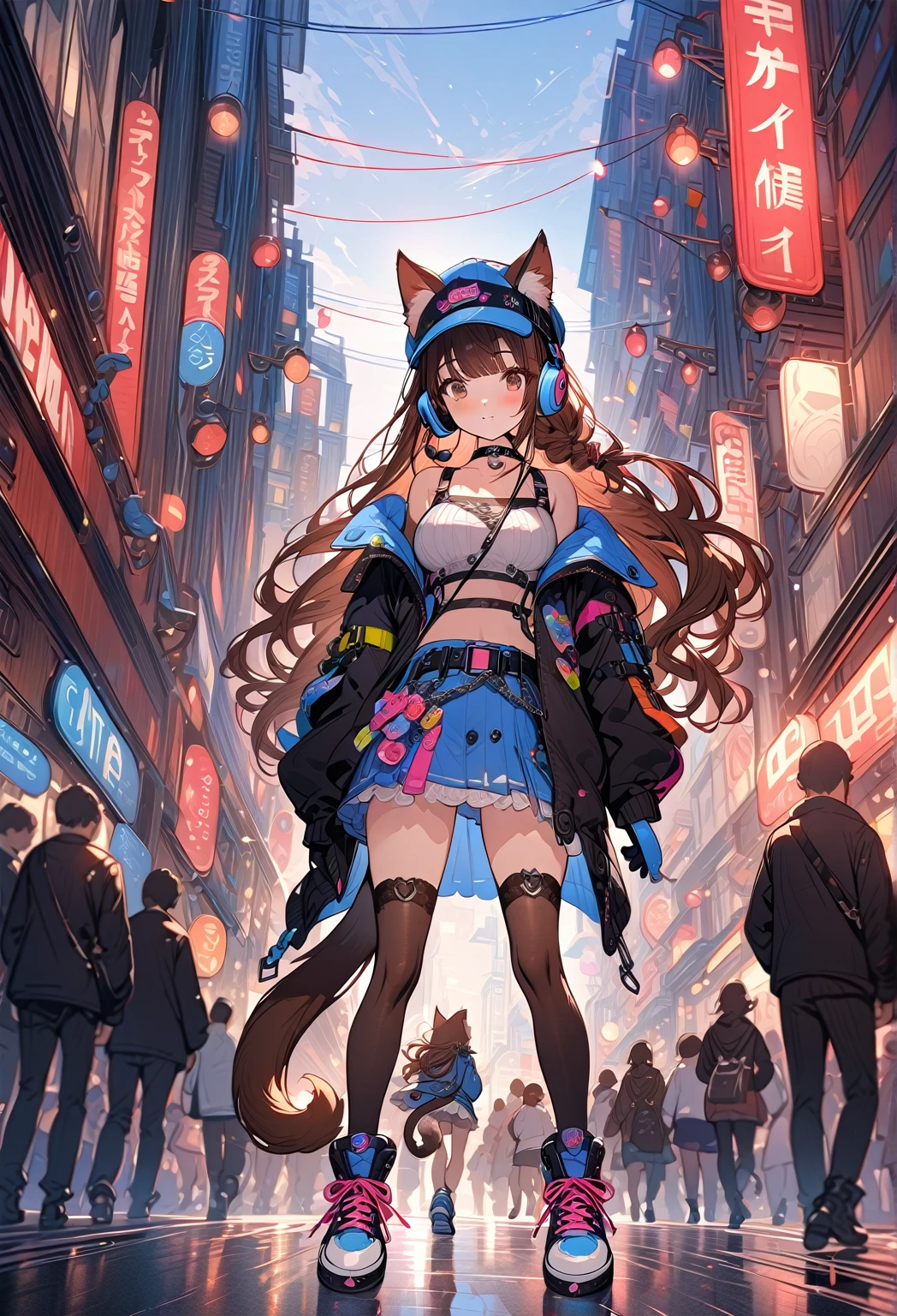 ((masterpiece:0), best quality, very aesthetic, newest, absurdres, detailed, high quality)
BREAK
highest quality, top quality, details, highres, ultra fine painting, digital art, official art, cinematic, 4k, 8k resolution, 8K CG wallpaper, CG, original artwork, detailed background, colorful background, blue atmosphere, High Dynamic Range, blurry background, blue hour, Starburst effects, crepuscular rays, good ISO, high resolution, wide shot, from far away, RAW photo, POV, sharp focus, light reflection, reflections, intricate details, soft light, particle noise, professional photography, bokeh, depth of field, natural lighting, vibrant colors, looking away, detailed lights and shadows, stylish, ultra-detailed, top rated on Pixiv, trending on Artstation, niji style, modern-days, master crafted, pose
BREAK
solo, 1girl, a girl, correct fingers, detailed hair, (medium big breasts:1.2), big thighs, short torso, short body, flushtered, blush, anxious expression, casual, slim, ((cute, childlike face):1.3), nice hips, nice body, brown hair, (long flowing hair:1.1), big 2 buns hairstyle, long bangs, long hair, middle hair bangs, brown eyes
BREAK
((colorful outfit), off shoulder crop top, short skirt, headphone, jacket, casual cap, belts, straps, choker, gloves, boots, (stockings), garterbelt, accessories, outfit ornaments, sneakers, kemonomimi, 1 tail, correct tail, (full body))
BREAK
a person walking down a street with a crowd of people, crowded street, crowded streets, in front of a large crowd, giant crowd, girl walking through city, people walking down a street