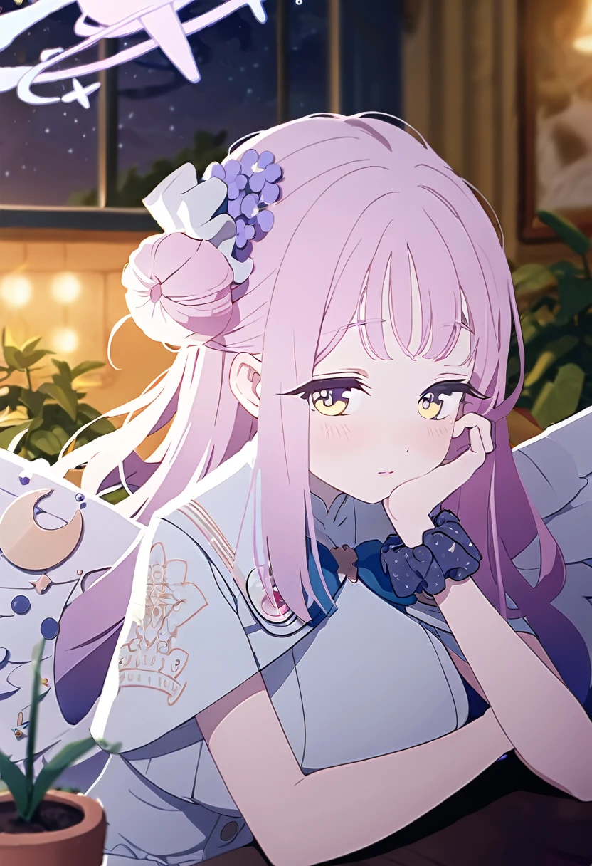 1girl, mika \(blue archive\), solo, scrunchie, wings, pink hair, wrist scrunchie, looking at viewer, flower, dress, hair ornament, long hair, head rest, yellow eyes, white dress, night, sleeveless, white pantyhose, hair bun, sleeveless dress, single side bun, hair flower, sitting, window, white wings, halo, blush, bangs, crescent, low wings, frilled dress, potted plant, indoors, angel wings, star \(sky\), sky, frills, night sky, pantyhose, blurry background, very aesthetic, absurdres