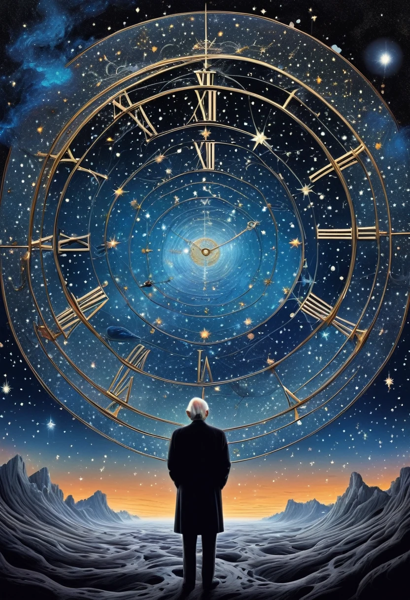 A surreal dreamscape where galaxies spin like melting clocks, with intricate constellations forming thoughts coming out from behind Carl Jung's head