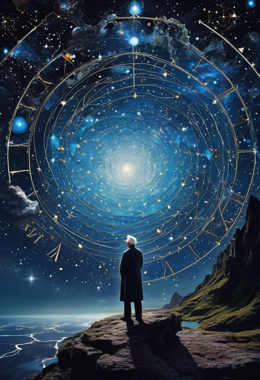 A surreal dreamscape where galaxies spin like melting clocks, with intricate constellations forming thoughts coming out from behind Carl Jung's head