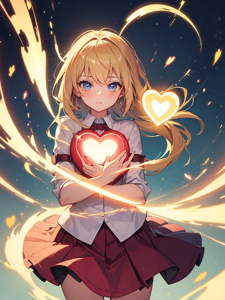 Girl hugging a glowing heart in the dark