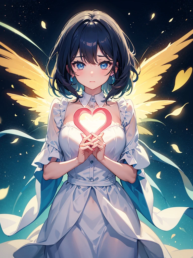 Girl hugging a glowing heart in the dark