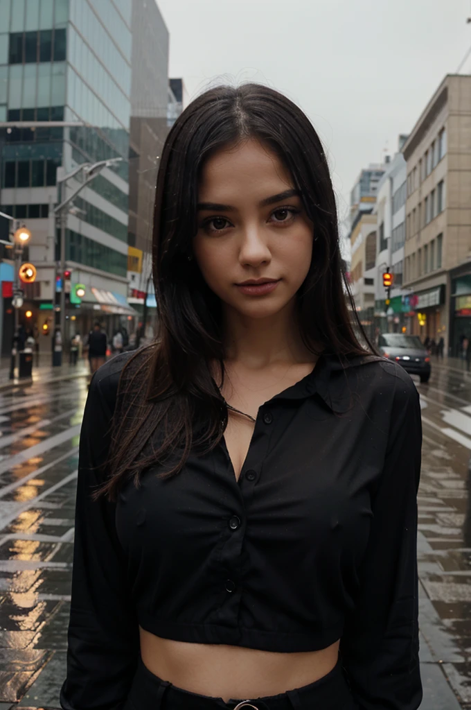 girl, fitted black blouse, in the middle of a city, Raining
