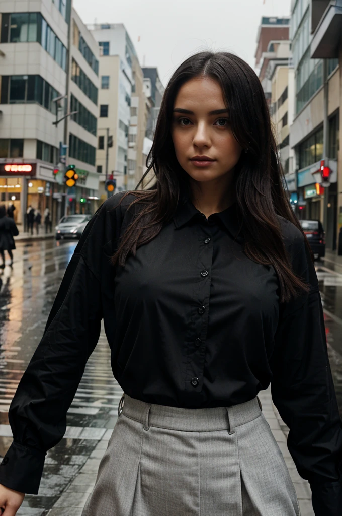 girl, fitted black blouse, in the middle of a city, Raining