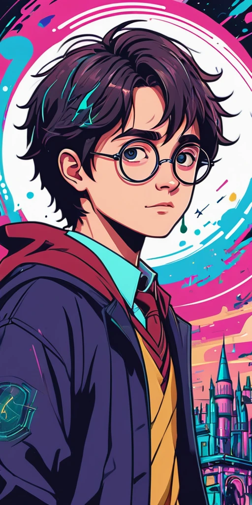 harry potter, anime, kawaii, cyberpunk, colorful, ink paint line art, vector art, thick lines, glitch art, flat colors, key visual, vibrant, technical drawing, line art, minimalist, masterpiece,