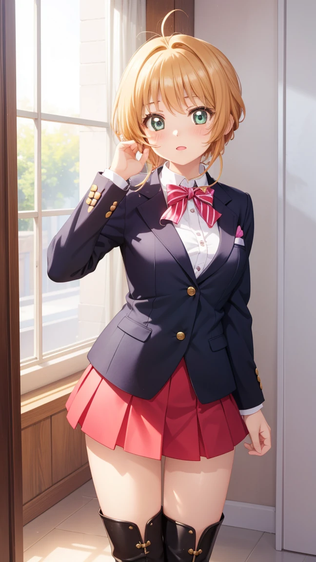 masterpiece, best quality, highres, 1girl, detailed face, blush, anime CG style, (), (18 year old girl:1.3), (aged up), good lighting, perfect body, sakura kinomoto, glossy lips, blush, blazer, miniskirt, thigh boots