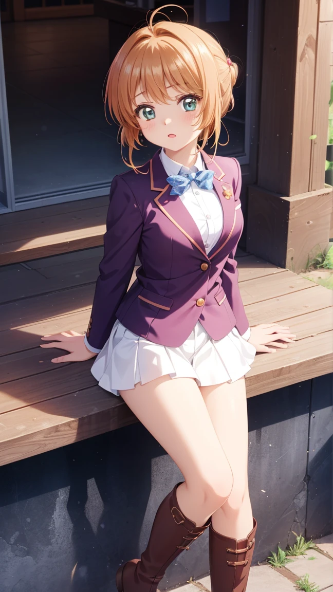 masterpiece, best quality, highres, 1girl, detailed face, blush, anime CG style, (medium breasts), (18 year old girl:1.3), (aged up), good lighting, perfect body, sakura kinomoto, glossy lips, blush, blazer, , thigh boots