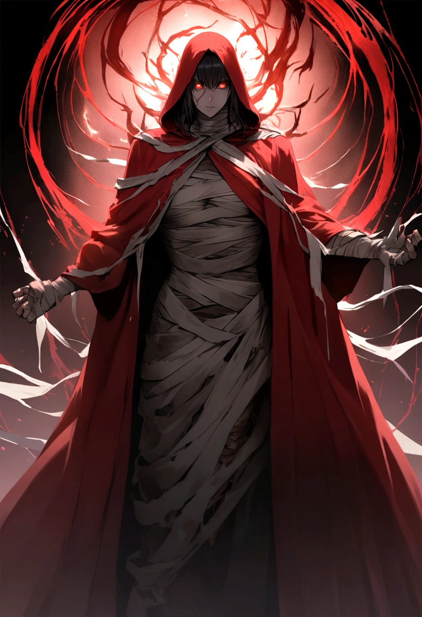 (work of art:1.2), unorganized, Photorealistic photo of Mumm-Ra,standing alone, rotting mummy,a go and ancient sorcerer, , dead, wrapped in rotten bandages, emaciated body. grotesque, The skin is sickly gray, covered with a rotten and tattered bandage,, The body is emaciated, his face is hidden by a red hooded cloak, Glowing sinister red eyes, go, (very detailled:1.3)