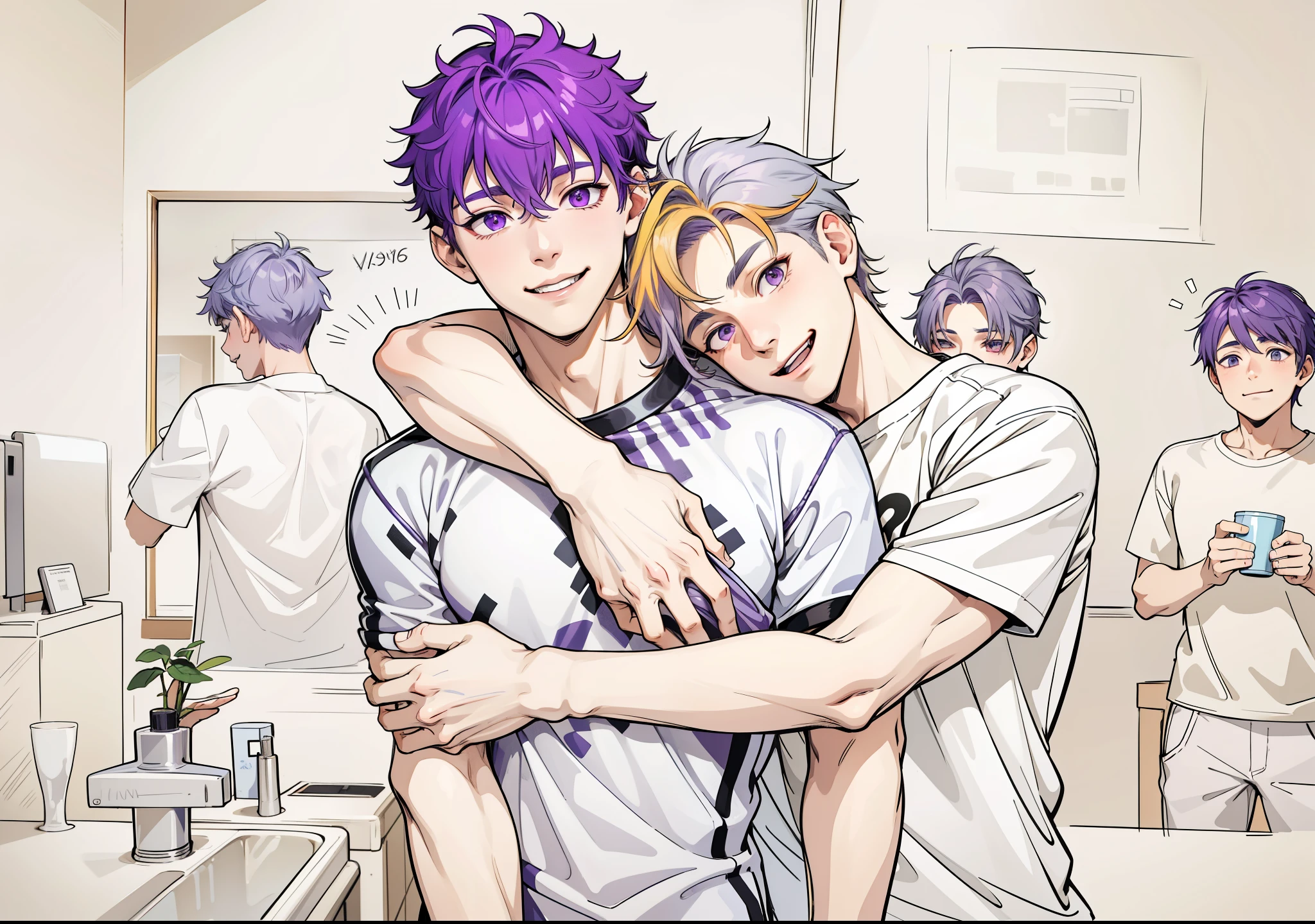 There are two 16-year-old male boys with purple hair and gray hair., purple eyes and gray eyes hug him they smile lovingly his brothers are behind smiling