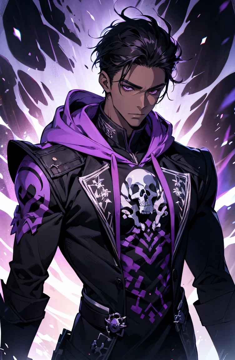 male with bones, looking away from camera, skulls, bones, handsome, black, dark skin, tall, broad shoulders, black hair, purple, purple fire, magic, detailed face, fantasy, hoodie
