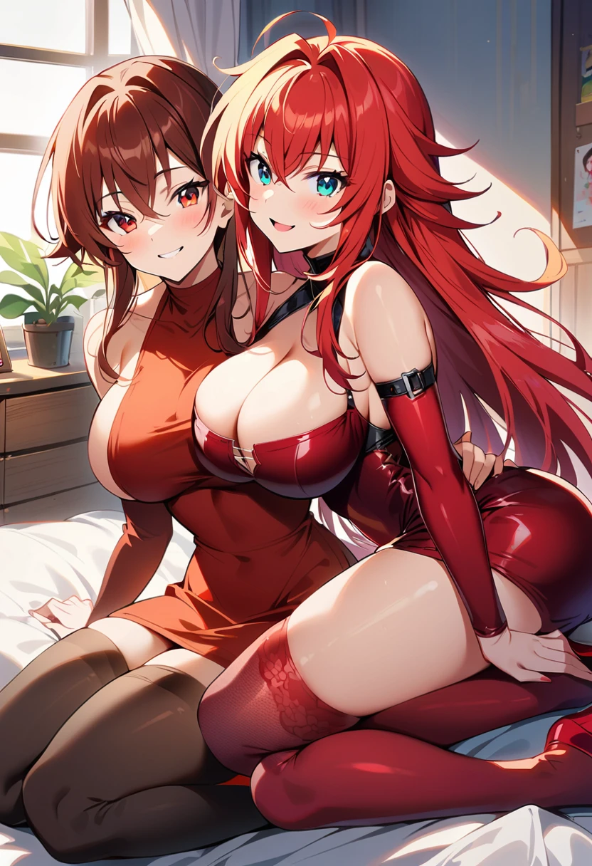 2female,multiple characters,2 girl, red tight dress with open bust, red stockings,red heels,red arm stockings,sexy, bedroom on background, smiling,large breasts, perfect body, full body, smiling, red tight dress sith open bust, rias gremory, maki zenin 