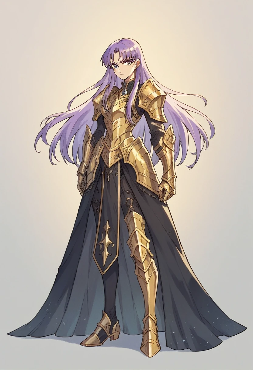 beautyfull woman, phoenyx armor from Saint Seiya, sidecut lilac hair, long hair, golden armor, full body, gothic