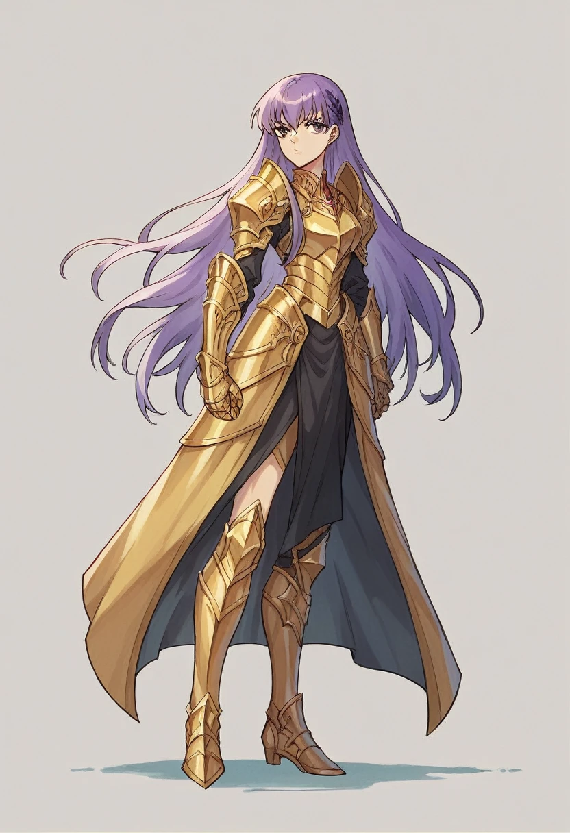 beautyfull woman, phoenyx armor from Saint Seiya, sidecut lilac hair, long hair, golden armor, full body, gothic