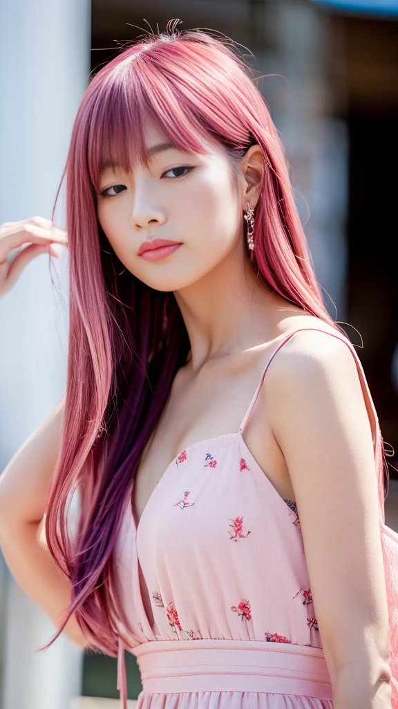 (embarrassed,blush :1.3),Tokyo, Kabukicho, Long hair blowing in the wind, Pink Hair, High resolution, dress