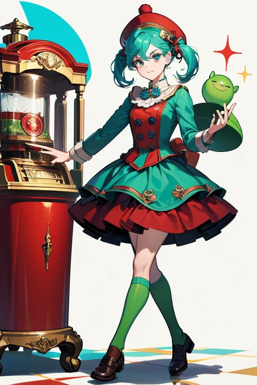 SHE is a anthropomorphic gumball machine sported scampering red legs with brown shoes. SHe has a red nose, a glass head, green eyebrows, a green body with a blue switcher, and a blue cap that resembles a hat. SPARKLE; GLITTER