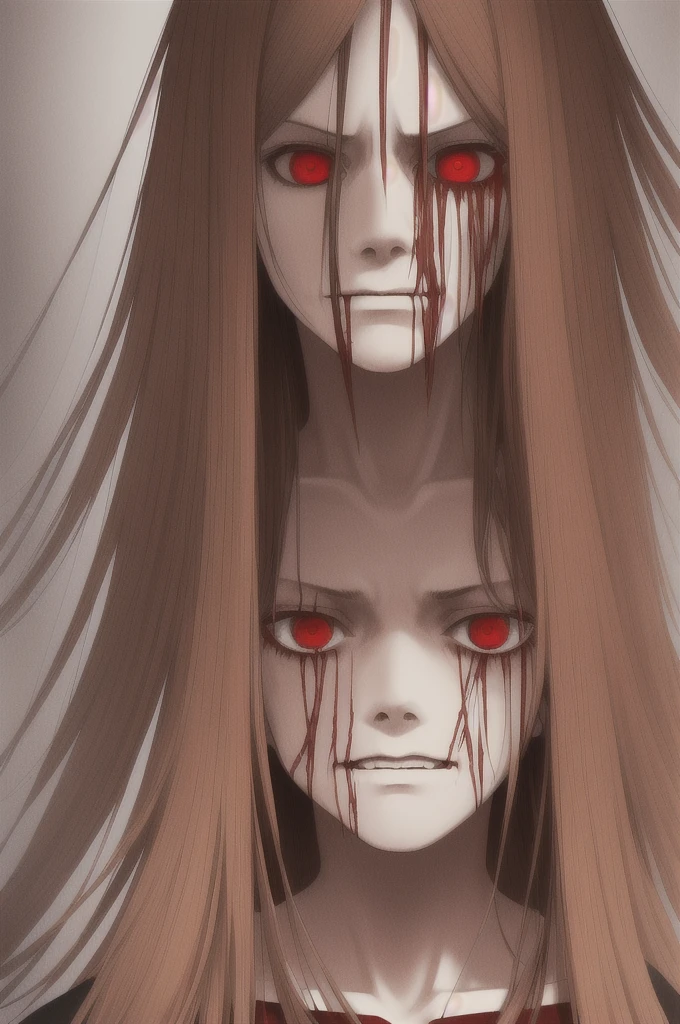 woman, long straight light brown hair, red eyes, with old clothes, dark inhabitant of terror, alone, scary face