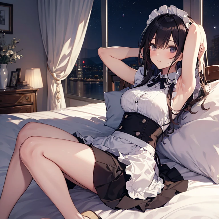 A maid, (in bedroom), various hair styles, night, details face, short skirt, seducing, sleeveless, maid uniform, armpits, laying on bed