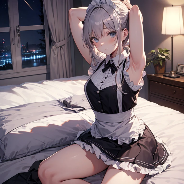 A maid, (in bedroom), various hair styles, night, details face, short skirt, seducing, sleeveless, maid uniform, armpits, laying on bed