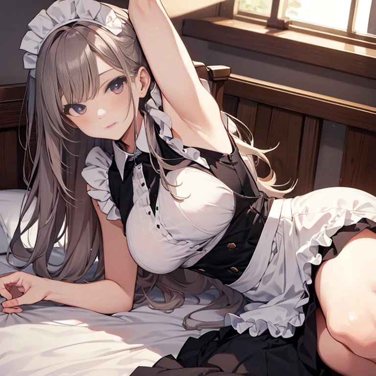 A maid, (in bedroom), various hair styles, night, details face, short skirt, seducing, sleeveless, maid uniform, armpits, laying on bed