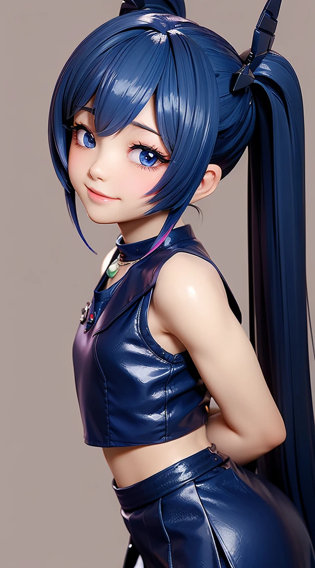 (masterpiece:1.3), (Best Quality:1.3), (Ultra-detailed:1.2), ((kawaii)), Cute, (lovely), ((sexy)), ((Extremely detailed)), 4K, (8K), Best Quality, (Beautiful), Illustration, anime style, (bold line:1.2), Gradation, looking at viewer, //, (bent down:1.1), (arms behind back), //, a cute girl, 1girl, (solo:1.2), gleaming skin, //, (flat chested), (Perfect eyes:1.2), (Perfect iris:1.2), //, darkblue hair color, (beautiful eyes) //, (half closed eyes:1.3), (sexual expression:1.2), Fascinated expression, smile, (blush:1.2), //, modern city background, on rock, twin tails, muscle girl, hard abs, exposed abs, NECKLACE, tight blouse, skirt