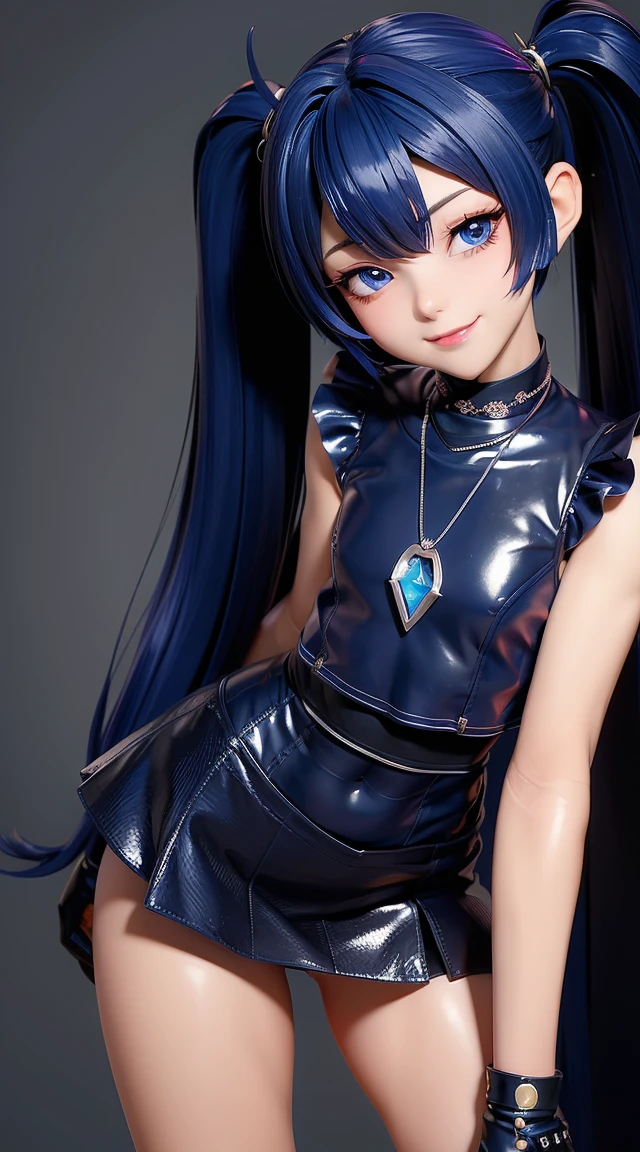 (masterpiece:1.3), (Best Quality:1.3), (Ultra-detailed:1.2), ((kawaii)), Cute, (lovely), ((sexy)), ((Extremely detailed)), 4K, (8K), Best Quality, (Beautiful), Illustration, anime style, (bold line:1.2), Gradation, looking at viewer, //, (bent down:1.1), (arms behind back), //, a cute girl, 1girl, (solo:1.2), gleaming skin, //, (flat chested), (Perfect eyes:1.2), (Perfect iris:1.2), //, darkblue hair color, (beautiful eyes) //, (half closed eyes:1.3), (sexual expression:1.2), Fascinated expression, smile, (blush:1.2), //, modern city background, on rock, twin tails, muscle girl, hard abs, exposed abs, NECKLACE, tight blouse, skirt