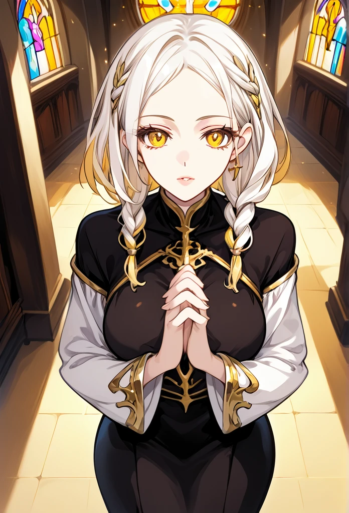 Mature woman, mature face, gentle face, glossy lips, golden eye color, golden eyes, gentle eyes, (braid hairstyle, bob hair, white hair, yellow gradient hair color, glossy hair), slender body, medium breast, thick thighs, saintess clothes, church, praying pose, view from above, front view