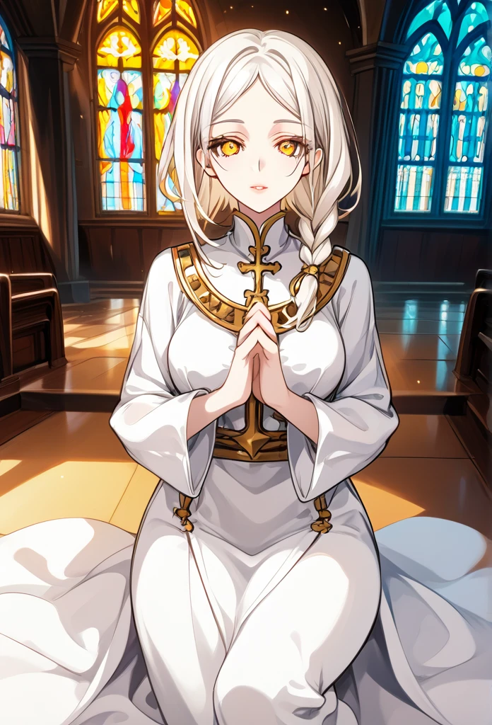 Mature woman, mature face, gentle face, glossy lips, golden eye color, golden eyes, gentle eyes, (braid hairstyle, bob hair, white hair, yellow gradient hair color, glossy hair), slender body, medium breast, thick thighs, saintess clothes, church, praying pose, view from above, front view