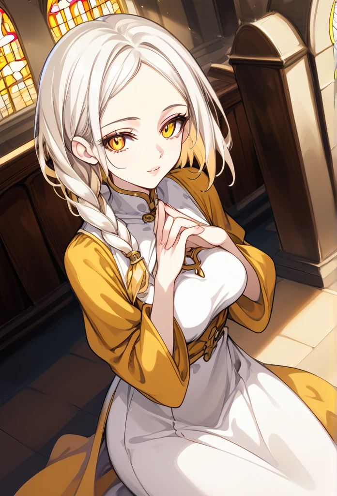 Mature woman, mature face, gentle face, glossy lips, golden eye color, golden eyes, gentle eyes, (braid hairstyle, bob hair, white hair, yellow gradient hair color, glossy hair), slender body, medium breast, thick thighs, saintess clothes, church, praying pose, view from above, front view